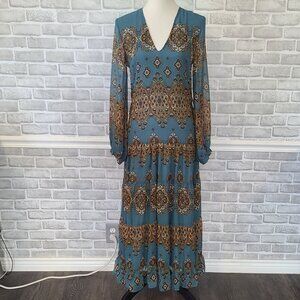 Bohme Boho Maxi Dress Long Sleeve Cottage Flowy Western Womens XS Blue Brown